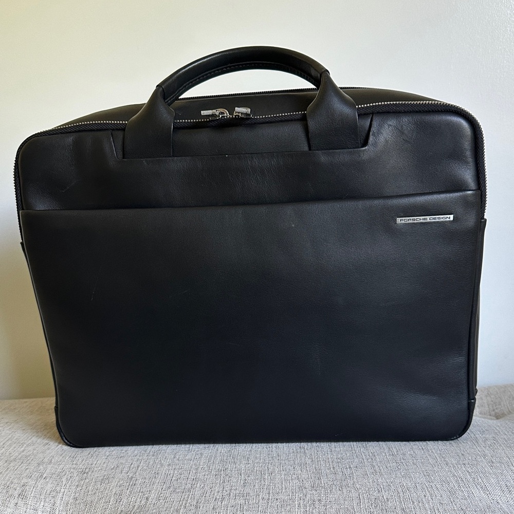 Porsche Design Black Leather Briefcase Bag Document Case Multiple Compartments